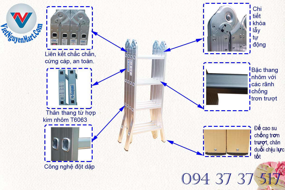 Thang nhôm gấp 4 đoạn Kagami được sản xuất gia công chi tiết đến từng khía cạnh cấu kiện