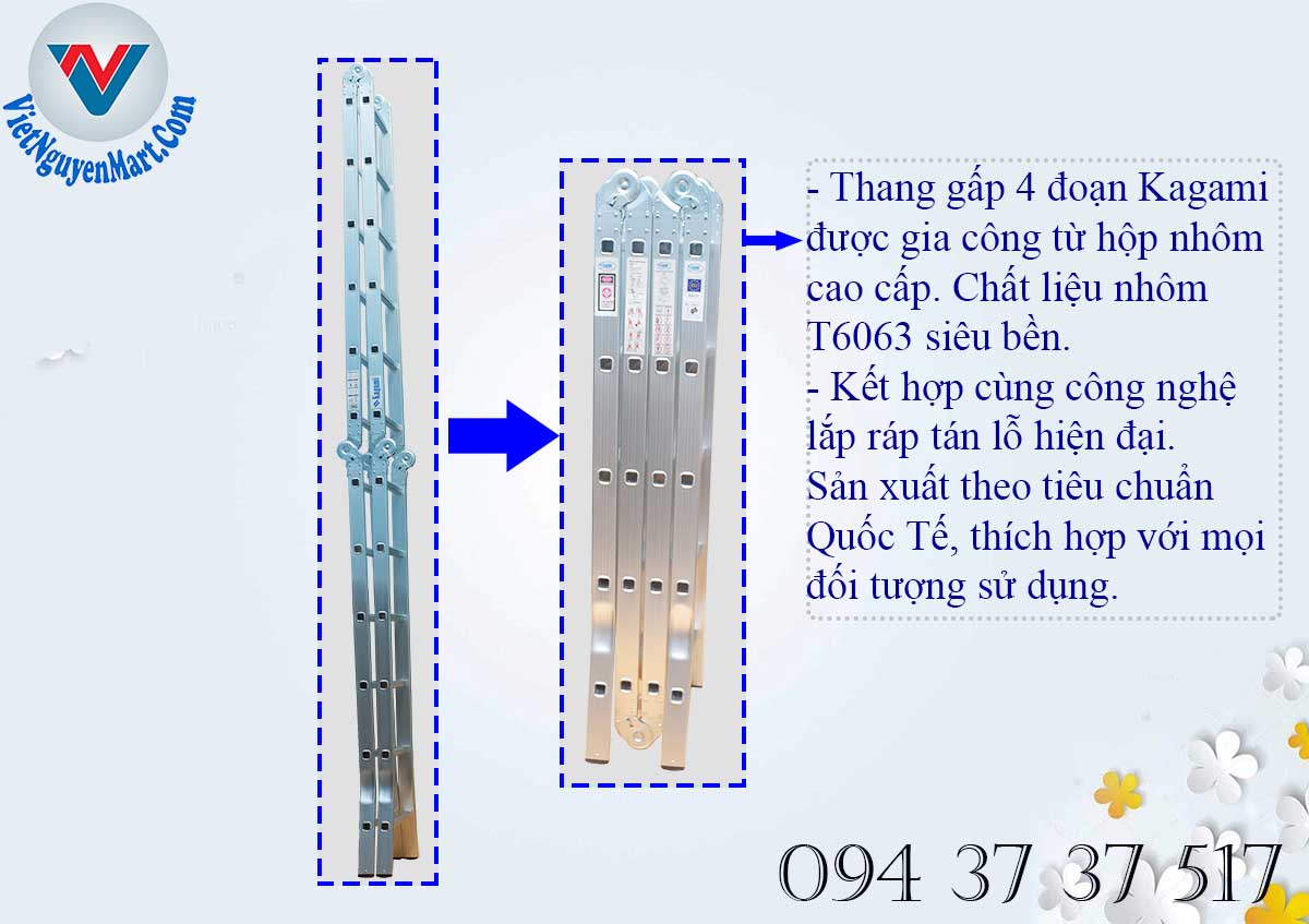 Thân thang nhôm gấp 4 đoạn Kagami KT -37D từ chất liệu cao cấp T6063
