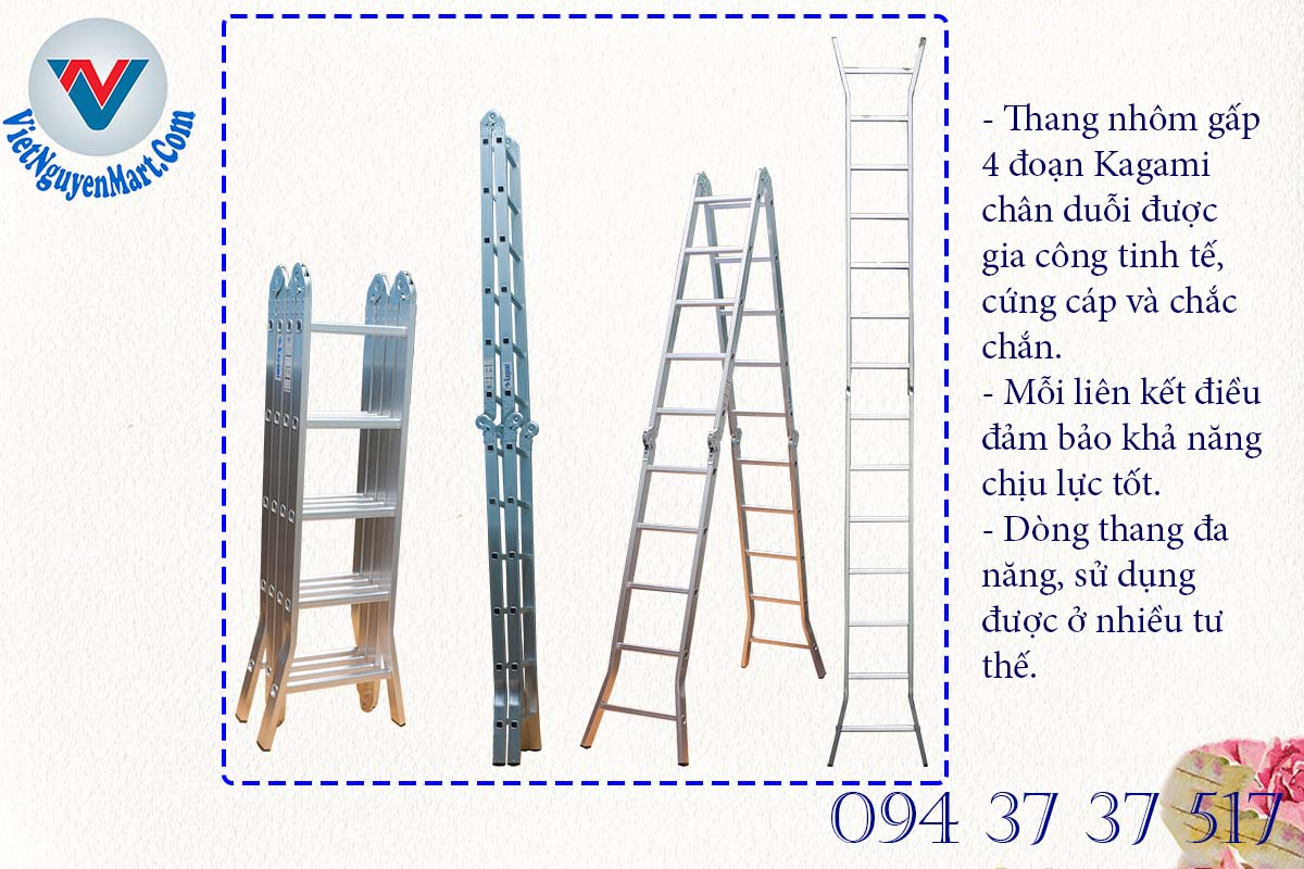 Thang nhôm gấp xếp 4 đoạn Nhật Bản 3.7 m giá rẻ giao nhanh