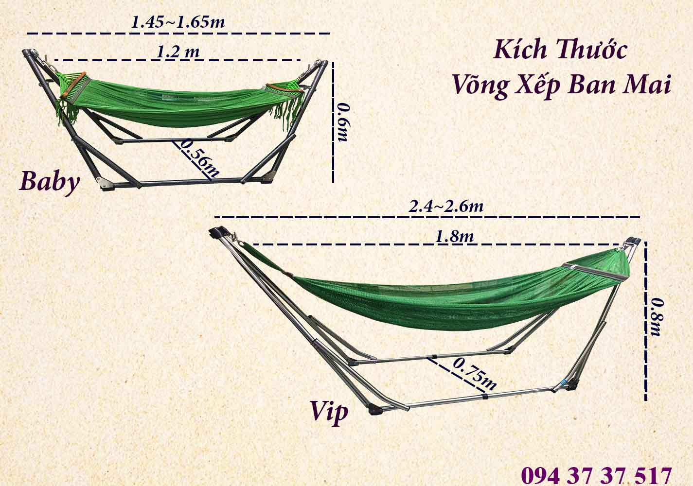Kích thước các bộ võng xếp Ban Mai chính hãng